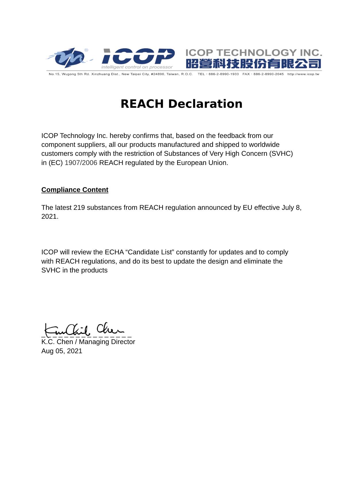 ICOP REACH CERTIFICATE