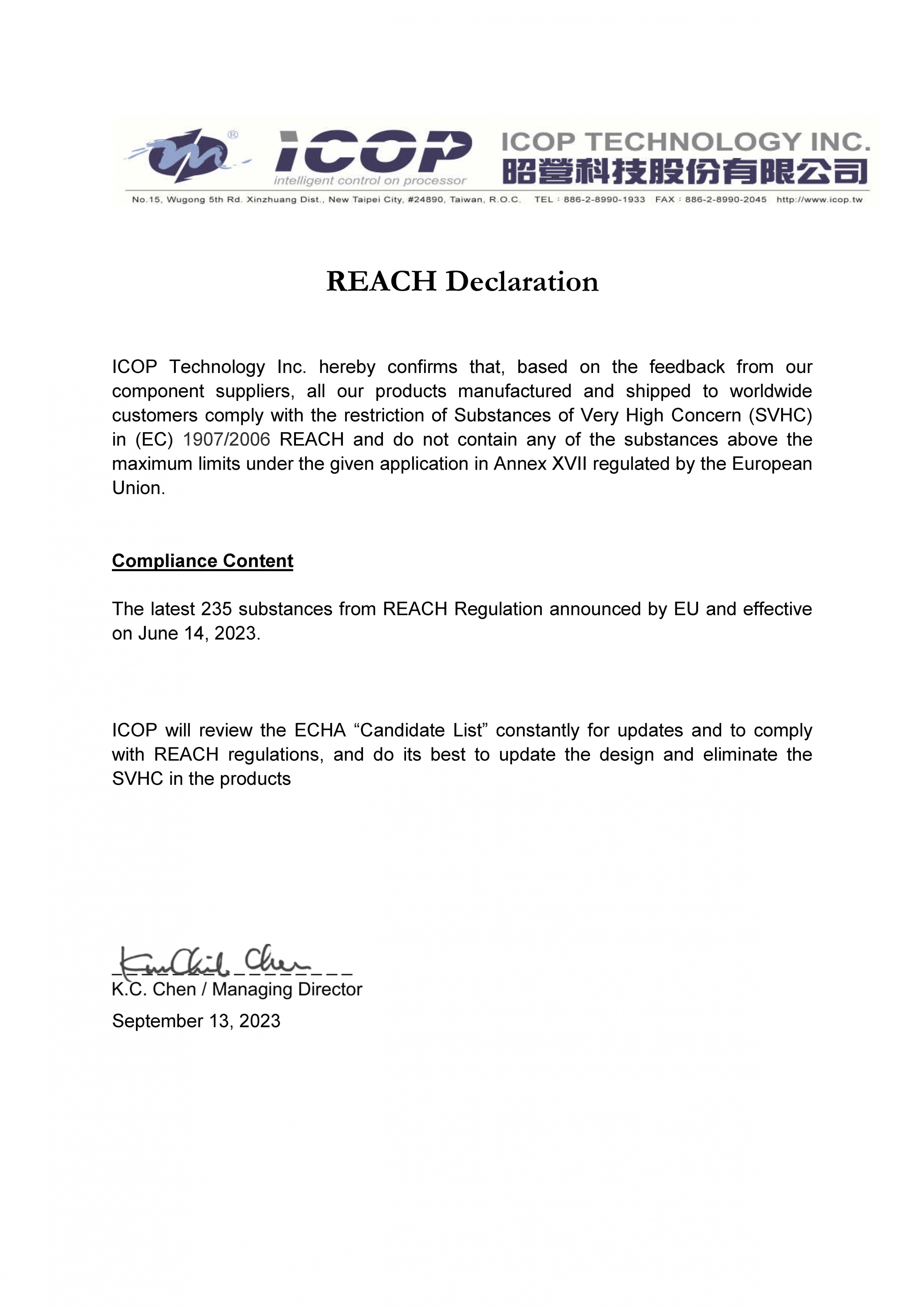 ICOP REACH CERTIFICATE