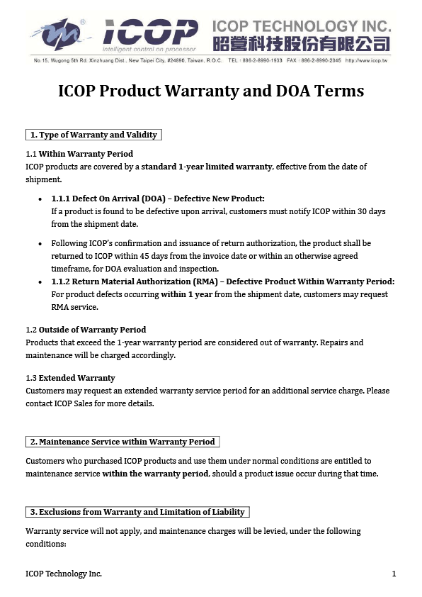 ICOP Product Warranty and DOA Terms