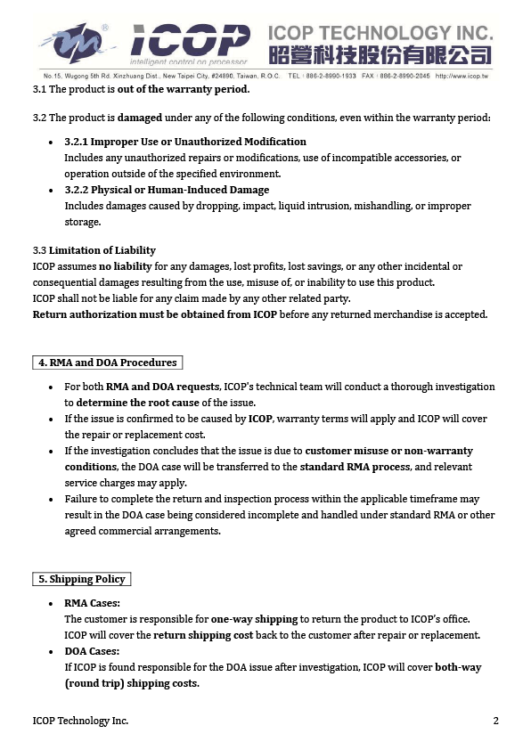 ICOP Product Warranty and DOA Terms