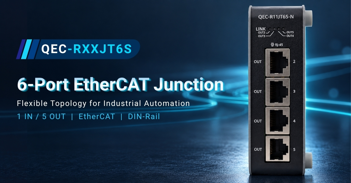 QEC-RXXJT6S six-port EtherCAT junction with one input and five outputs.