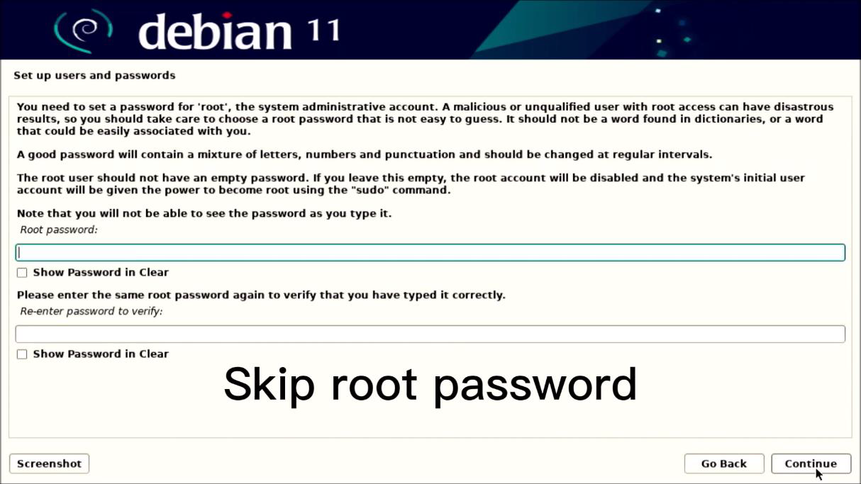 Click continue and skip root and password